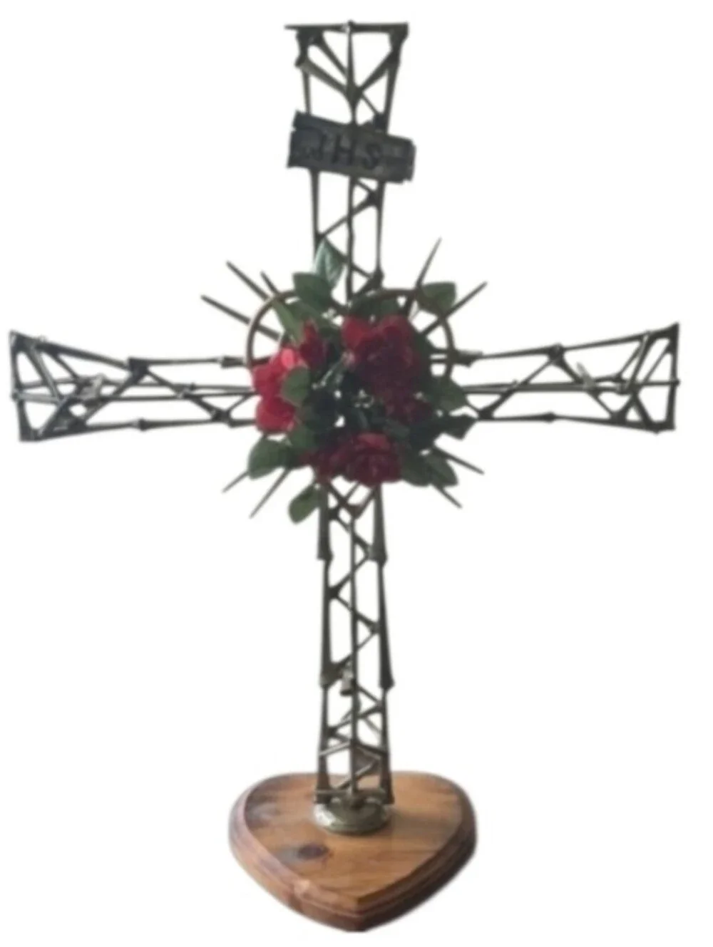 Artisan Brutalist Industrial folk art Nail Cross Rose Accent Wood Base Christian